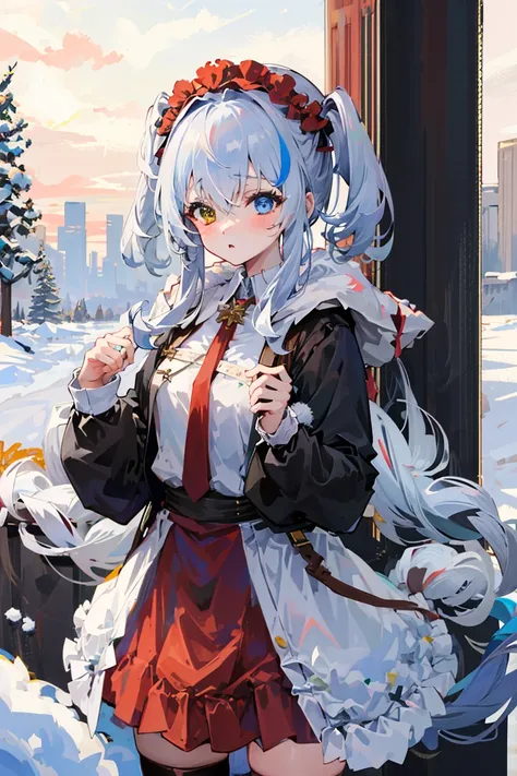 masterpiece,1girl,solo,  <lora:ElbingTornV1:0.8>,black thighhighs,heterochromia, standing,winter_clothes:1.4,outdoors, fur trim, coat:1.2,snowing,