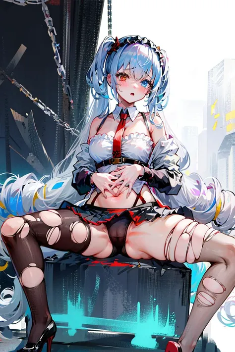 masterpiece,1girl,solo, <lora:ElbingTornV1:0.8>,full body, tears,heterochromia, hand on own stomach, spread legs, torn legwear,