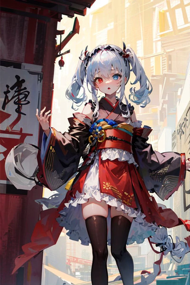 masterpiece,1girl,solo, <lora:ElbingTornV1:0.8>,black thighhighs,heterochromia, standing,kimono:1.4,outdoors,east asian architecture,