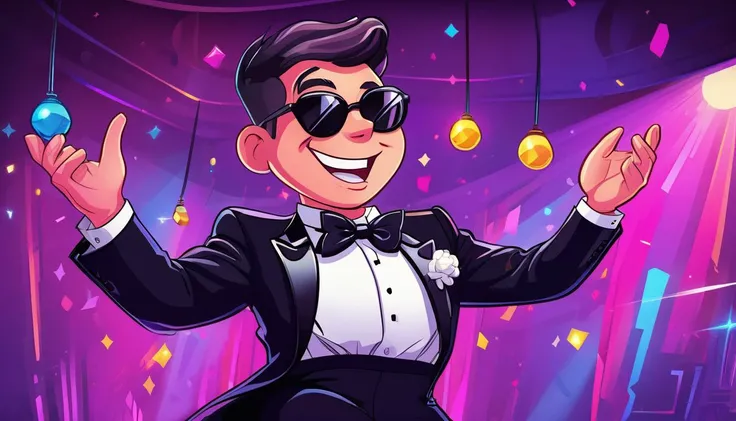 impactful paint of a cute man in tuxedo dancing at the disco <lora:Web_Cartoon:0.8>, highly detailed, 8k, sharp, professional, clear, high contrast, vivid deep blacks, crystal clear
