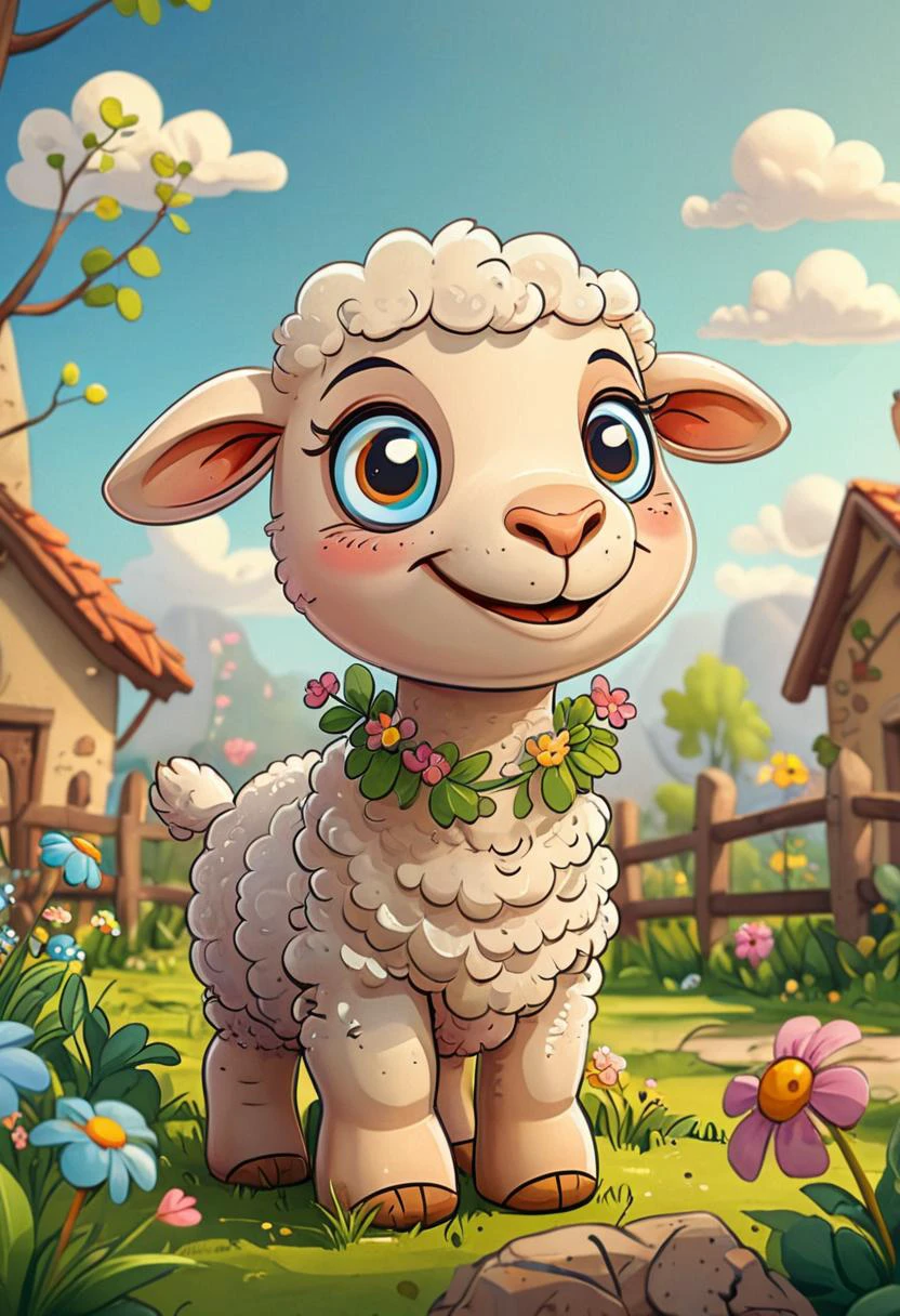 cute cartoon character, lamb enjoying springtime flowers, (((masterpiece))),(best quality), <lora:Web_Cartoon:0.8>