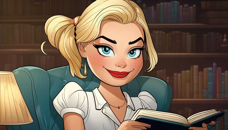 impactful paint of cute Margot Robbie reading a book  <lora:Web_Cartoon:0.8>,    highly detailed,   8k,   sharp,  professional, clear,   high contrast, high saturated, , vivid deep blacks, crystal clear