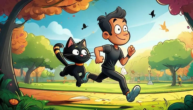 impactful paint of A  man running  in a park with a cat<lora:Web_Cartoon:1.0>,    highly detailed,   8k,   sharp,  professional, clear,   high contrast, high saturated, , vivid deep blacks, crystal clear