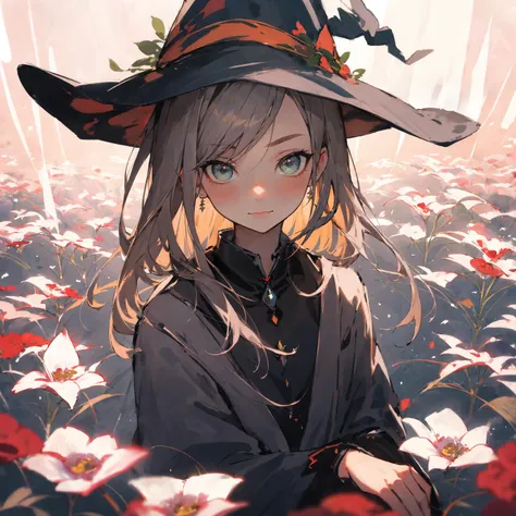 masterpiece, best quality, witch 1girl, portrait, medium shot, flowers, sitting in the flower field, painting style, soft, cozy, <lora:Ink_Painting-000006:0.7>,