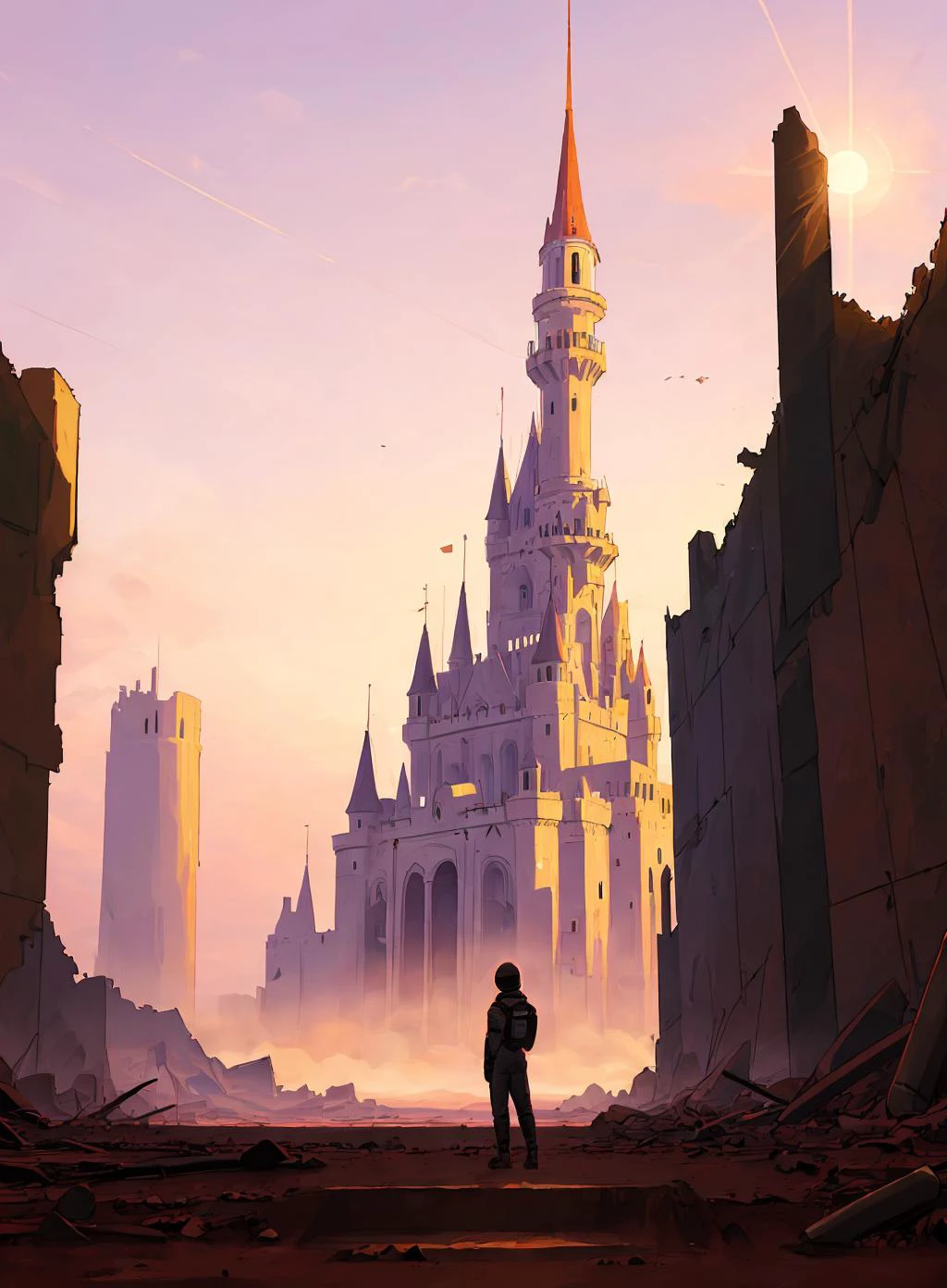 draw of a place,
mars, sun, pink sky, astronaut far, ruins, castle
<lora:Ink_Painting-000006:.8>,