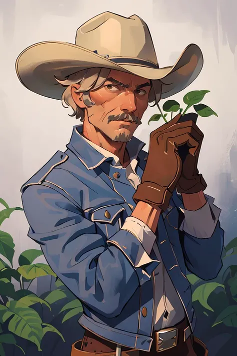 a man in a cowboy hat and gloves holding a plant in his hand and looking at the camera with a serious look on his face, Dean Roger, western, a character portrait, rococo,  <lora:Ink_Painting:0.6>