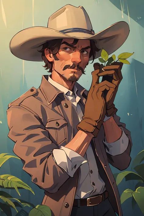 a man in a cowboy hat and gloves holding a plant in his hand and looking at the camera with a serious look on his face, Dean Roger, western, a character portrait, rococo, <lora:Ink_Painting:0.6>