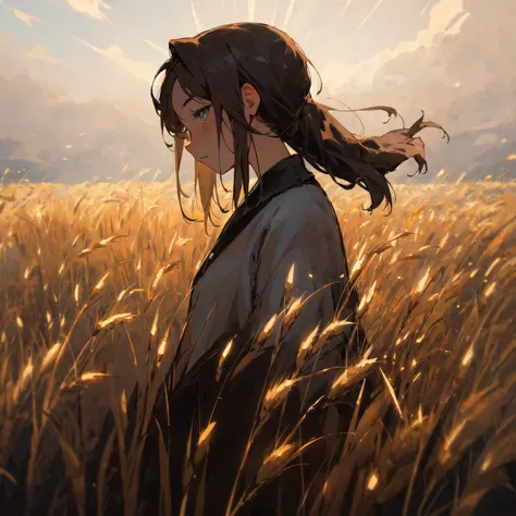 masterpiece, best quality, 1girl, in profile, close-up, wheat field, dark, dramatic lighting, painting style, soft, <lora:Ink_Painting-000006:0.7>,