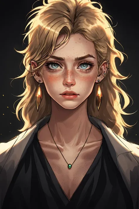 jewelery , abuse, ear piercing, messy hair, realistic, looking at viewer, freckles,  backlighting, film grain, blonde hair, horror, <lora:Ink_Painting-000006:.5>