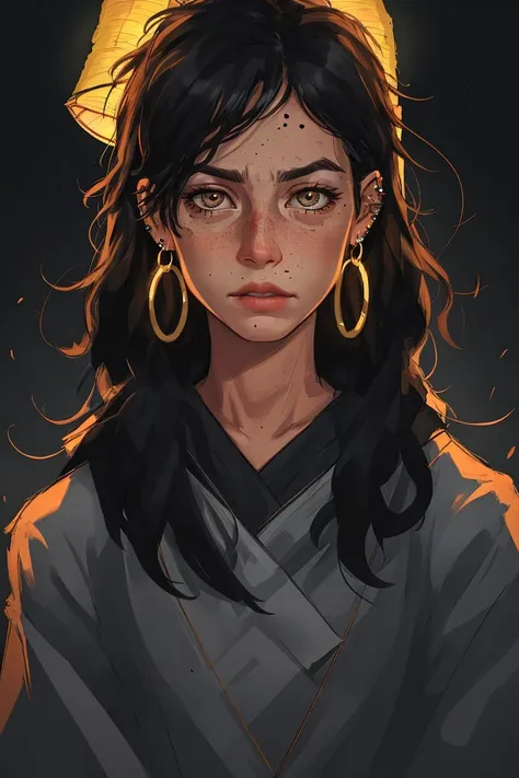 hoop earrings, abuse, ear piercing, messy hair, realistic, looking at viewer, freckles, destruction, backlighting, film grain, paper lantern, black hair, candlelight, <lora:Ink_Painting-000006:.5>