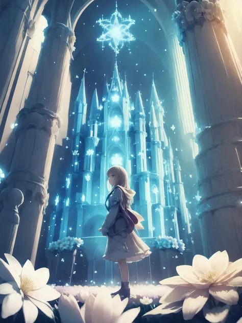 1girl particle, (flower \(symbol\):1.5),(full body:0.8),vigor,motion,glowing,dim light,high contrast,side angle,wallpaper,detailed item,indoors\(castle\),