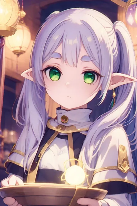 <lora:FrierenMoeWaifu974:0.8> pointy ears,green eyes,eyebrows,white hair,sidelocks, twintails,fair skin,small breasts,earring,(thinking face:1.5),outfit,glowing, potion,magical pot,magician,cape,black underwear,white long skirt,1girl,antique store\(sceen\),indoors,dim light