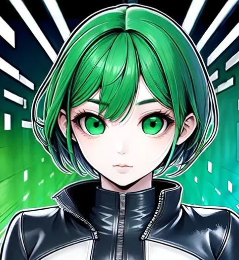 A portrait of a young Asian woman with vibrant green hair styled in a futuristic mohawk, wearing a leather jacket and cybernetic eye implant. Render in a graphic novel style with bold outlines and high contrast.