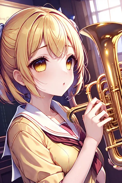 <lora:MarbleGoldWorld:0.6> MarbleGoldWorld,glowing gold metal,glowing,reflect gold,gold theme,girl ,school uniform,school,trumpet