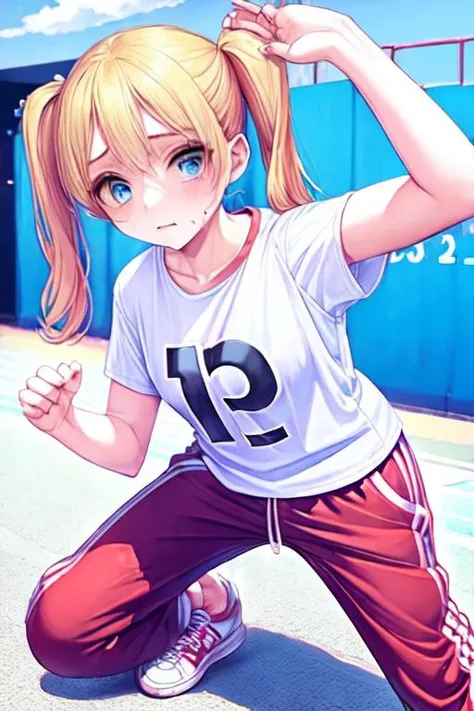 Penny IG (Female teen, Blonde hair in pigtails, pale blue eyes, petite, fair skin) wearing(sweaty T-shirt, loose track pants, red and white sneakers) stretching