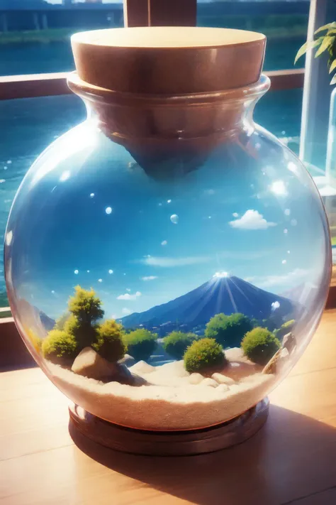 <lora:Terrarium:0.5>(glass jar terrarium of  japan river side with fuji ),dynamic lighting, 60mm F7, cinemascope, depth of field,window side,antique