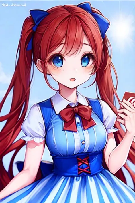 Wendy (cute woman, vertical light-blue and white stripes on a long dress, round face, blue eyes, pale skin, red freckles, long red hair, braided pigtails, blue hairbows, tall frilly collar) handing out flyers