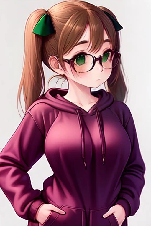 Lola Youngs(cute, innocent, nerdy teen girl, glasses, extremely detailed brown-green eyes, brown pigtails, petite body, medium bust, medium hips) wearing(Long Oversized hoodie, sweat pants) Looking away from the camera, shy