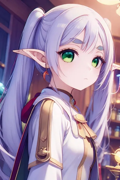 <lora:FrierenMoeWaifu974:0.8> pointy ears,green eyes,eyebrows,white hair,sidelocks, twintails,fair skin,small breasts,earring,(expressionless:1.5),lips,outfit,glowing, potion,magical pot,magician,cape,black underwear,white long skirt,1girl,antique store\(sceen\),indoors,dim light,long shot,side angle