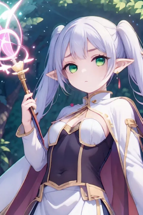 <lora:FrierenMoeWaifu974:0.8> pointy ears,green eyes,white hair,sidelocks, twintails,fair skin,small breasts,earring,expressionless,outfit,glowing,magical stick,magician,cape,black underwear,white long skirt,1girl