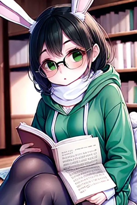 Anna (Tall petite Anthro rabbit, white furred, shy), dressed in an oversized green hoodie, black tights, brown scarf, oval black rimmed glasses, reading a book