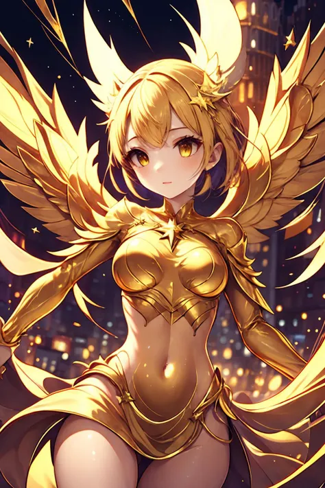 <lora:MarbleGoldWorld:0.8> MarbleGoldWorld,glowing gold metal,glowing,reflect gold,gold theme,1girl ,particle,glowing star \(symbol\),city,vigor,motion,dim light,high contrast,wallpaper