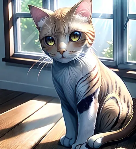 A close-up photo of a tabby cat perched on a windowsill, basking in warm sunlight. Dust motes dance in the sunbeams streaming through the window.