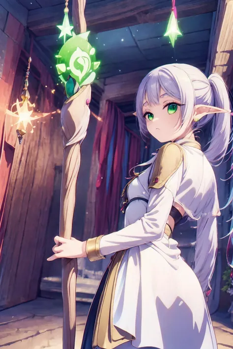 <lora:FrierenMoeWaifu974:0.9> pointy ears,green eyes,white hair,sidelocks, twintails,fair skin,small breasts,earring,expressionless,glowing,magical stick,cape,1girl,dungeon\(sceen\),(indoors:1.5),(scenery:1.4),dim light,ass