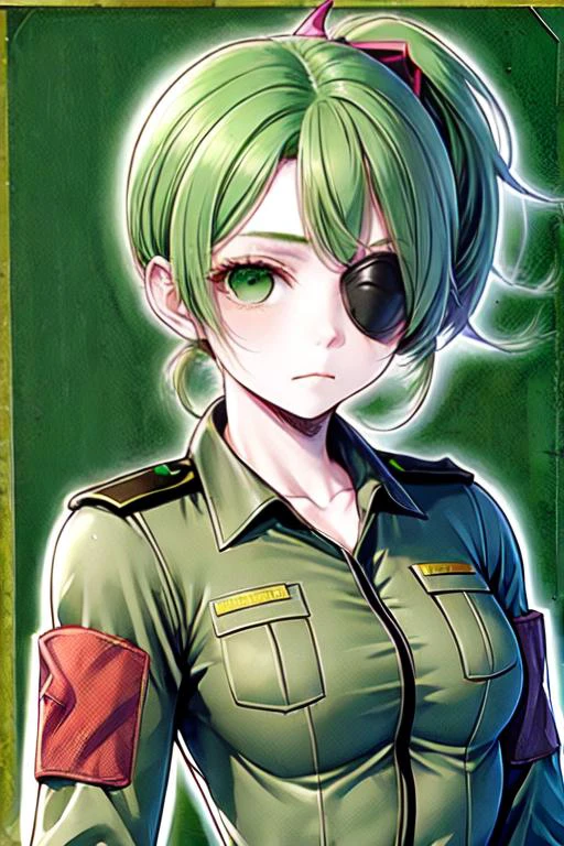Debra Marshall (Short young woman, ite body, Tiny Bust, cute pretty face, stern expression, green eyes, eye patch, green hair in a ponytail, Robotic limbs) dressed in military fatigues