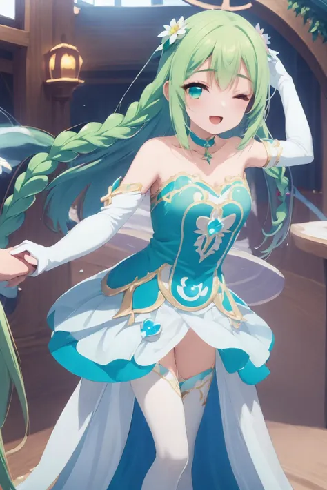 woman <lora:PrincessConnect_Chika:1> Chika,green hair, very long hair, blue eyes, twin braids, hair flower,dress, bare shoulders, elbow gloves, white gloves, choker, white thighhighs, glowing green, flower \(symbol\),castle,vigor,motion,(look at viewer:1.5),(above),smile,(arm up:1.3),detailed eyes,one eye closed,open mouth,