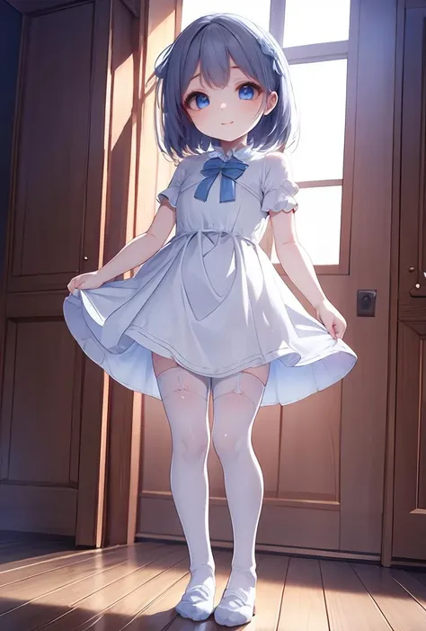 (masterpiece, best quality), 1girl, blue and white frill dress, (white stockings), cute face, standing, indoor, intricate detail, sunlight,