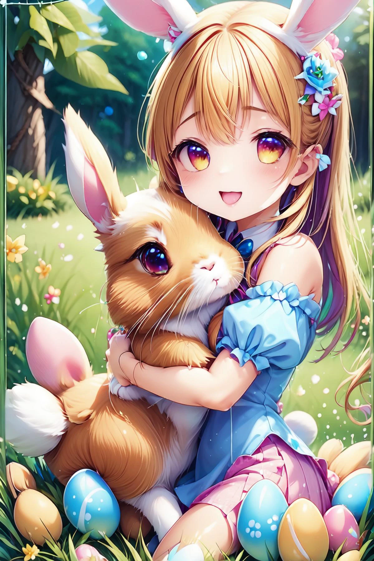 <lora:hyå¨ç©åv1.0_zoofun:0.8> zoofun,rabbit,cute,detailed both ears,girl hug rabbit,close-up,smile girl,1girl and rabbit,easter egg,gothic dress,