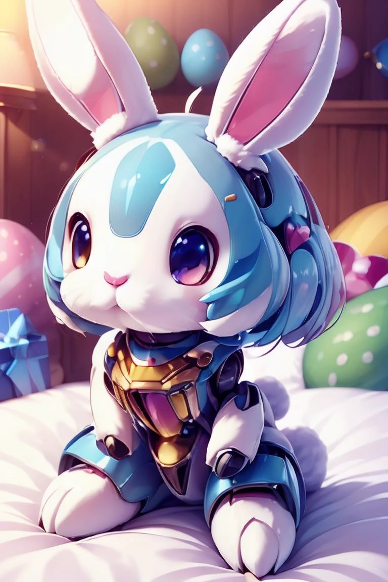 (head of mecha:1.3),(rabbit mecha),<lora:ç»å¨æºç²å¨ç©årobotzoo_v1.0:0.8> robotzoo, cute, full body, (bed room),bokeh,easter egg,mini rabbit mecha,sitting,ribbon,gift,