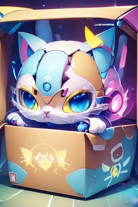 (head of mecha:1.2),(cat mecha in box:1.5),<lora:ç»å¨æºç²å¨ç©å­robotzoo_v1.0:0.8> robotzoo, cute, full body, glowing,Science Fiction,(factory),bokeh,box