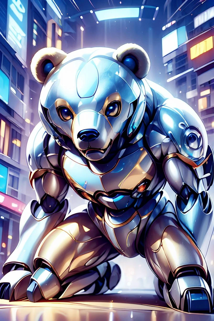 (highly detailed image formed by metal),,(head of mecha), bear mecha,<lora:ç»å¨æºç²å¨ç©årobotzoo_v1.0:0.8> robotzoo, (full body),Science Fiction,(city),bokeh,<lora:metalslime2:0.6> silver metal,colored metal,