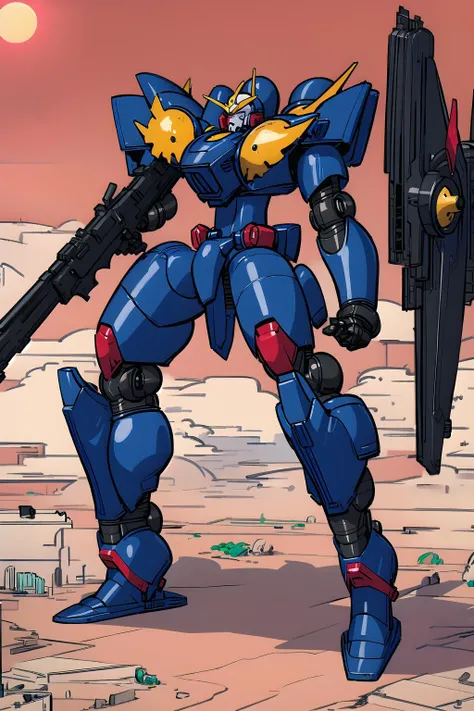 Masterpiece, highres,thick black outlines,intricate environment,full body, <lyco:ThePitV2-27:1>, (Gundam), Mecha, War robot, weapons, heavily armed, Gigantic, chrome, red, black, science fiction,outdoors, blue sky, wasteland, sun, heatwave, cool, intense, amazing machinery, complex machine