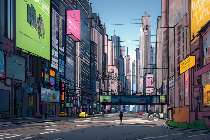 Masterpiece, highres,thick black outlines,intricate environment,full body, <lyco:ThePitV2-27:1>, landscape, science fiction, cyberpunk, neon, night, outdoors, city, cars, vaporwave, crowd, walking, traffic light