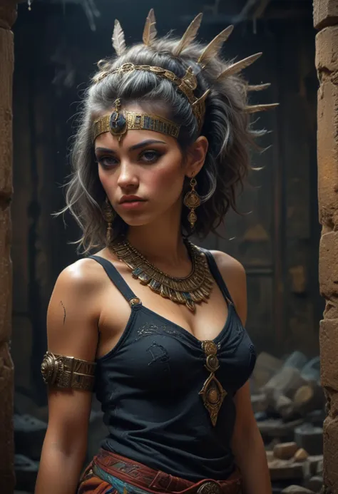 (Egyptian woman Cleopatra:1.4),((dark black background:1.5)),hyper real photo of ((Egyptian woman inside a cluttered barn wearing sexy worn-out torn cotton tanktop)),(katana:1.3),((detailed realistic face and eyes)),(grey hair:1.5),soft big nipples covered by (ripped torn cotton tanktop),natural breasts,((dark black background:1.5)),<lora:more_details:1>,perfecteyes,art by Boris Vallejo,art by Bob Eggleton,, ultra quality, ultra detailed, octane, Bokeh, tilt-shift, Psychedelic art style, vibrant and surreal imagery, kaleidoscopic patterns, intense colors, mind-expanding and hallucinatory, reflects the psychedelic experience and counterculture movement, Rococo art style, ornate, light-hearted, elegant, decorative, playful subjects, asymmetrical designs, Surrealism art style, dreamlike and irrational imagery, explores the unconscious mind, juxtaposition of unlikely elements, challenges reality and logic, Gothic art style, gothic details, dramatic compositions, rich symbolism, Futurism art style, dynamic composition, bold geometric forms, vibrant colors, captures the spirit of technological advancement and modernity, Egyptian art style, iconic symbolism, intricate hieroglyphics, dynamic composition, Egyptian cultural significance<lora:80s_Punk_Pony_XL:1>