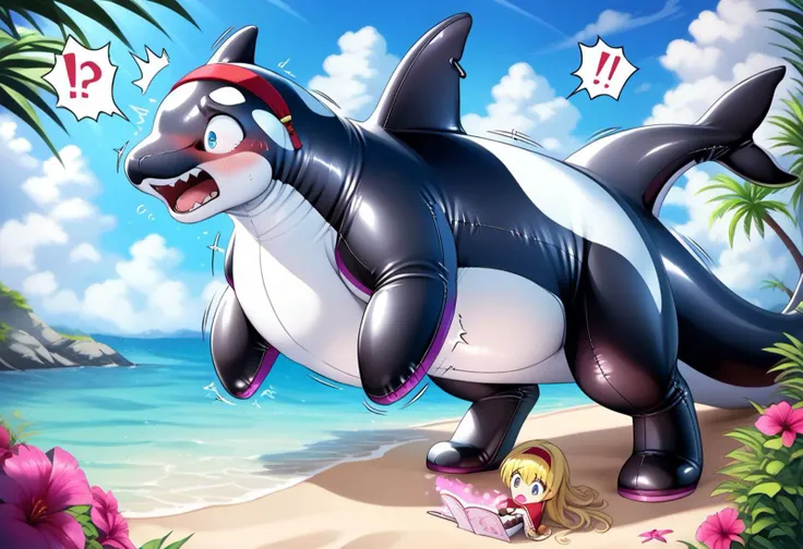 score_9, score_8_up, score_7_up, score_6_up, score_5_up, score_4_up, (transformation sequence, alice margatroid, p00lt0y orca transformation, inflating), (outside, pacific, beach, onomatopoeia, sound effects, glossy, inanimate feral orca, orca pooltoy, living inflatable, pooltoy, inanimate transformation, orca_toy, in heat, magic transformation, ass expansion, living inflatable, hyper tits, squirming, hot, aroused, blushing, trembling,nervous, motion lines, question mark, exclamation mark), BEsequence, huge breasts, fin ears, lap, looking surprised, looking shocked, skinny, (digitigrade, squishy, hollow body), woman, torn clothes, huge breasts, bust, BREAK (by atryl, by muhjob, by avante92), (morph:1.2), fleeing, (human face:1), long hair, shiny hide, (white_capelet, blue_dresst), blush, red_hairband, ta_hairband, boots, blush, BREAK (best quality, high quality:1.6), ultra detailed, masterpiece, anthro, detailed orca skin, detailed lighting, cinematic lighting, detailed ambient light, gray natural lighting, backlighting <lora:LoraTransformationMFBY_transformation:1.1>