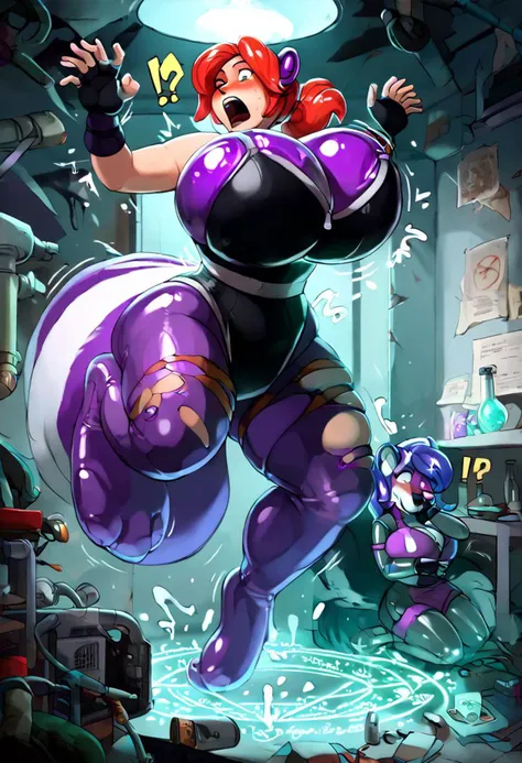(goo, latex, liquid, solidifying, merging, merging with sex doll, merging with skunk, skunk possession, skunk spirit, DonMM4g1cXL, skunk transformation, 2girls, inflating, floating, woman morphing into skunk, quadruped, living inflatable, living sex doll, uncontrollably horny), score_9, score_8_up, score_7_up, score_6_up, score_5_up, score_4_up, (regina, red hair, ponytail, bodysuit under clothes, fingerless gloves, leotard, detached sleeves, scanner, human_to_feral, busty_feral, magic curse, magic circle, inanimate_transformation, human, anthro, hand on face, furry legs, skunk legs, digitigrade legs, feral legs, p00lt0y skunk transformation, inflating, pent up), ((stretchy clothing)), (indoors, laboratory, abandoned lab, magic laboratory, onomatopoeia, sound effects, glossy, inanimate feral skunk, skunk pooltoy, pooltoy, inanimate transformation, in heat, magic transformation, ass expansion, hyper tits, squirming, hot, aroused, blushing, trembling,nervous, motion lines, question mark, exclamation mark), BEsequence, huge breasts, lap, looking surprised, looking shocked, skinny, (digitigrade, squishy, skunk_paws, skunk_legs, skunk_tail, skunk_nose), woman, torn clothes, huge breasts, bust, (by atryl, by muhjob, by avante92), (morph:1.2), fleeing, (human face:1), long hair, shiny hide, (best quality, high quality:1.6), ultra detailed, masterpiece, anthro, detailed skunk fur, detailed lighting, cinematic lighting, detailed ambient light, gray natural lighting, backlighting