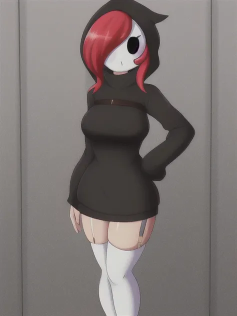 simple background, standing, one girl wearing a black turtleneck sweater dress and a white mask, looking at viewer, red hair, wide hips, high heel boots, garter belt,<lora:shyGal_v1:0.9>, masterpiece, best quality