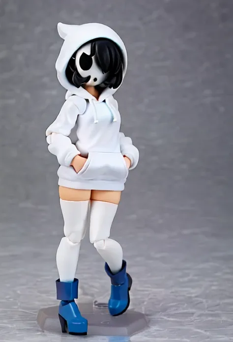 Shygal, 1girl, standing, thighhighs, (thick thighs:1.2), legwear, black hair, full body, (white hoodie:1.3), mask, figma,