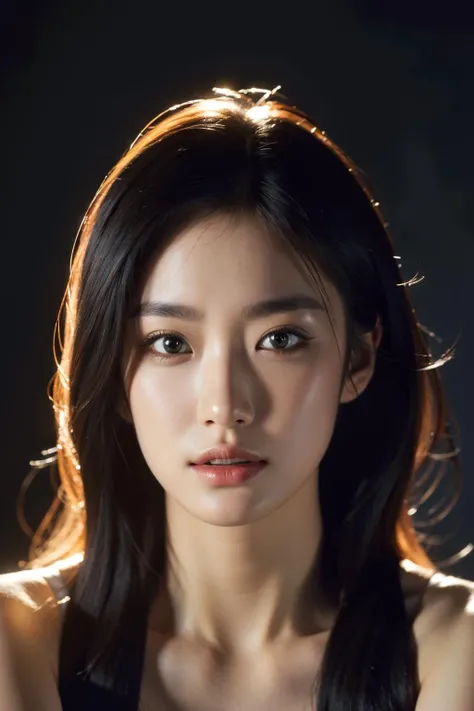 best quality, epic reality, ((in the pitch black darkness :1.4)), ((portrait:1.5)),(background: dark ) high contrast ,glorious picture, Minimum illumination, lighting Face, She was comfortable, wearing underwear, it seems, (8K, original photo, best quality),(epic reality:1.5), a woman, Face,(exquisite eyes:0.8),(looking at camera:1.4), (best quality), ( high contrast, Deep shadows),intricate details,Work,((skin:1.4)), (long dark hair:1.3), long hair, messy ,(high dynamic range:1.5),detailed, color, upscale, masterpiece, original photo (20 years old, looking at the audience), fair, (wearing underwear,), (((bare breasts))), (((bare breasts))), (((bare breasts))), (((bare breasts))), perfect, nature, perfect composition, portrait, perfect Face, Smile expression, charming eyes, Bright details, close lips, (高skin细节),, (blue tint: 0.6), (Sale: 0.8), (bloody: 0.7), Accent lighting , (backlight: 0.5), medium depth of field, Canon 5D, 50mm lens, F/4 apertures, (Super detailed, intricate details), sharp focus, soFt color, 8K, absurd, 80mm, dark background, photography, Smile, ease ,