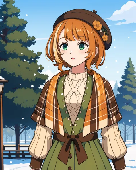 masterpiece, high quality, 1girl, walking, mgrckonomiharuna, green eyes, orange hair, upper body, medium shot, brown beret with flower, orange striped shawl, white sweater, green with white buttoned dress, brown bow tied belt, outdoors, park, day, winter, snow, tree, sky, clouds, <lora:konomiharuna-04:0.75>