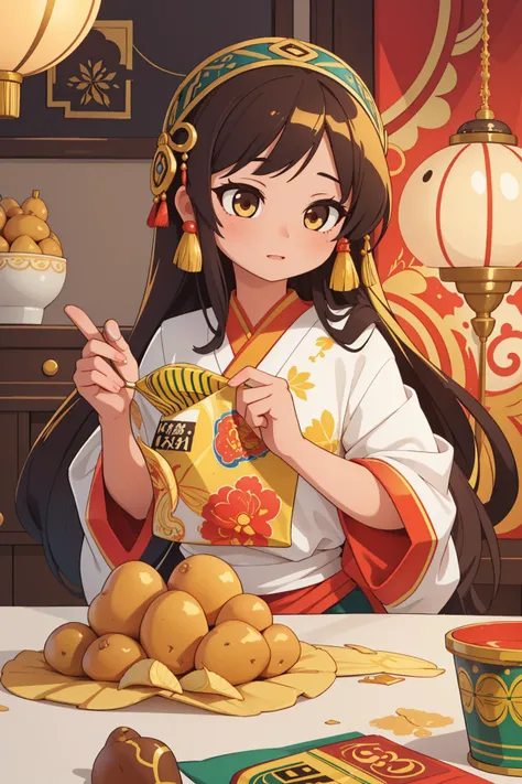 1girl, orientalism art, Bangladeshi ([grapes:potato chips:3]:1.2) , the grapes is very Kintsugi and Aesthetic, it is covered in Paint, it is with Bronze trimmings, exotic, vibrant, mysterious, romanticized oriental themes, luxury, flowing, best quality, high resolution