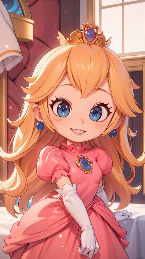 (masterpiece, best quality),1girl,princess peach,blonde hair,blue eyes,long hair,crown,dress,gem,gloves,pink dress,puffy short sleeves,puffy sleeves,short sleeves,white gloves,<lora:PrincessPeachMovie:1>,PrincessPeach,evil smile,