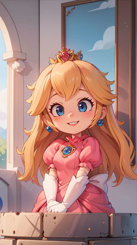 (masterpiece, best quality),1girl,princess peach,blonde hair,blue eyes,long hair,crown,dress,gem,gloves,pink dress,puffy short sleeves,puffy sleeves,short sleeves,white gloves,<lora:PrincessPeachMovie:1>,PrincessPeach,evil smile,