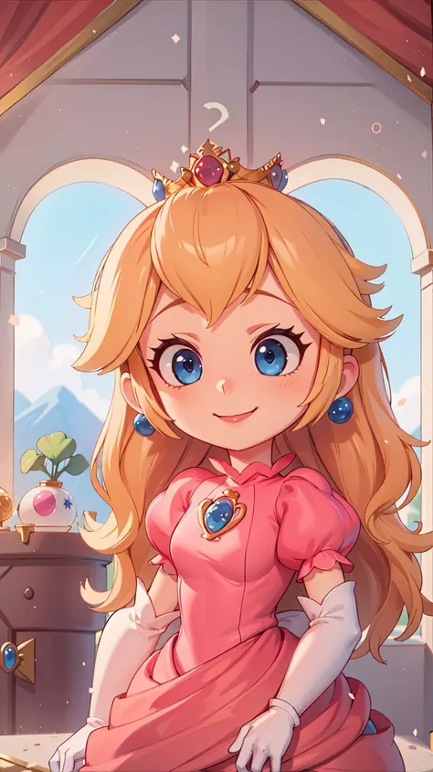 (masterpiece, best quality),1girl,princess peach,blonde hair,blue eyes,long hair,crown,dress,gem,gloves,pink dress,puffy short sleeves,puffy sleeves,short sleeves,white gloves,<lora:PrincessPeachMovie:1>,PrincessPeach,evil smile,