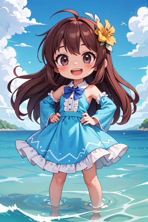 (chibi:1),masterpiece,best quality,dramatic,1girl,solo,long hair,brown hair,detached sleeves,open mouth,smile,outdoors,water,sky,day,hand on hip,hair ornament,pointing,cloud,ocean,dress,blush,blue dress,wading,blue sky,bow,standing,:d,frills,beach,bangs,barefoot,hair flower,skirt,^_^,facing viewer,bowtie,teeth,<lora:GoodHands-vanilla:1>,<lora:more_details:0.3>,