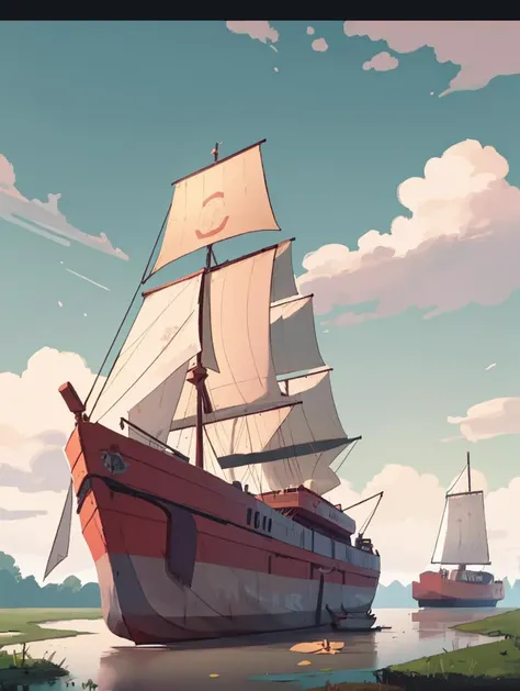 cinematic, aesthetic, (masterpiece:1), a Medium Long Shot of ((Barge)) sail over a swamp at midday